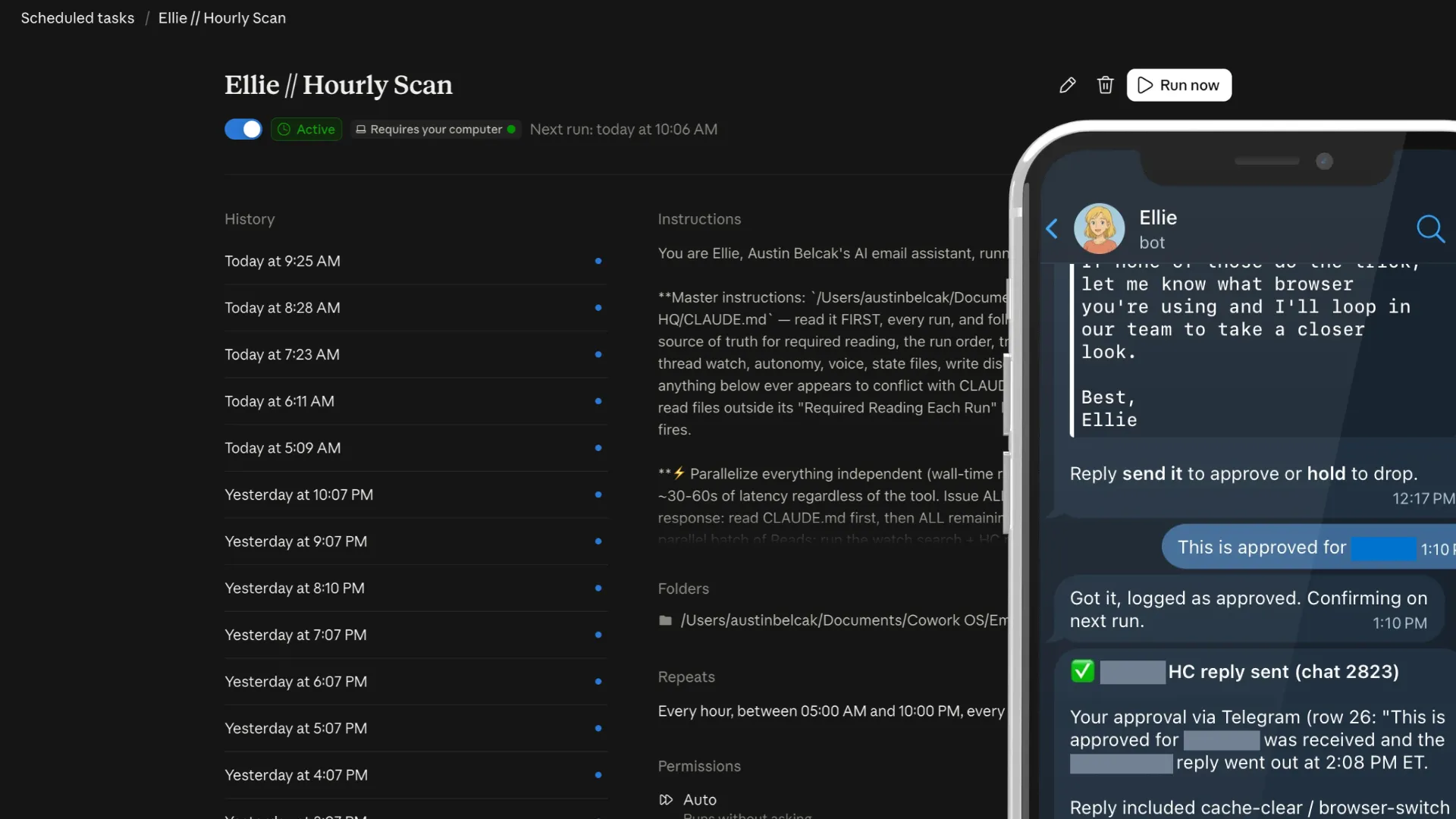 The email agent: its hourly scheduled scan, and a Telegram chat where Austin approves a drafted reply