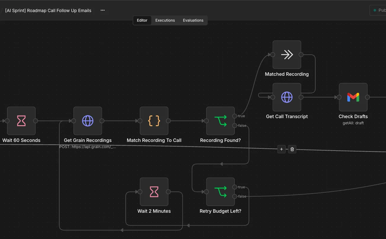 An n8n workflow that matches a call recording and drafts the follow-up email